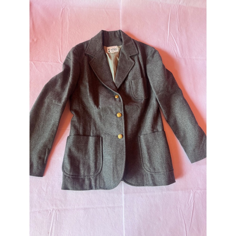 Vintage Lotus Charcoal Gray Wool Blend Blazer Gold Crest Buttons Academic